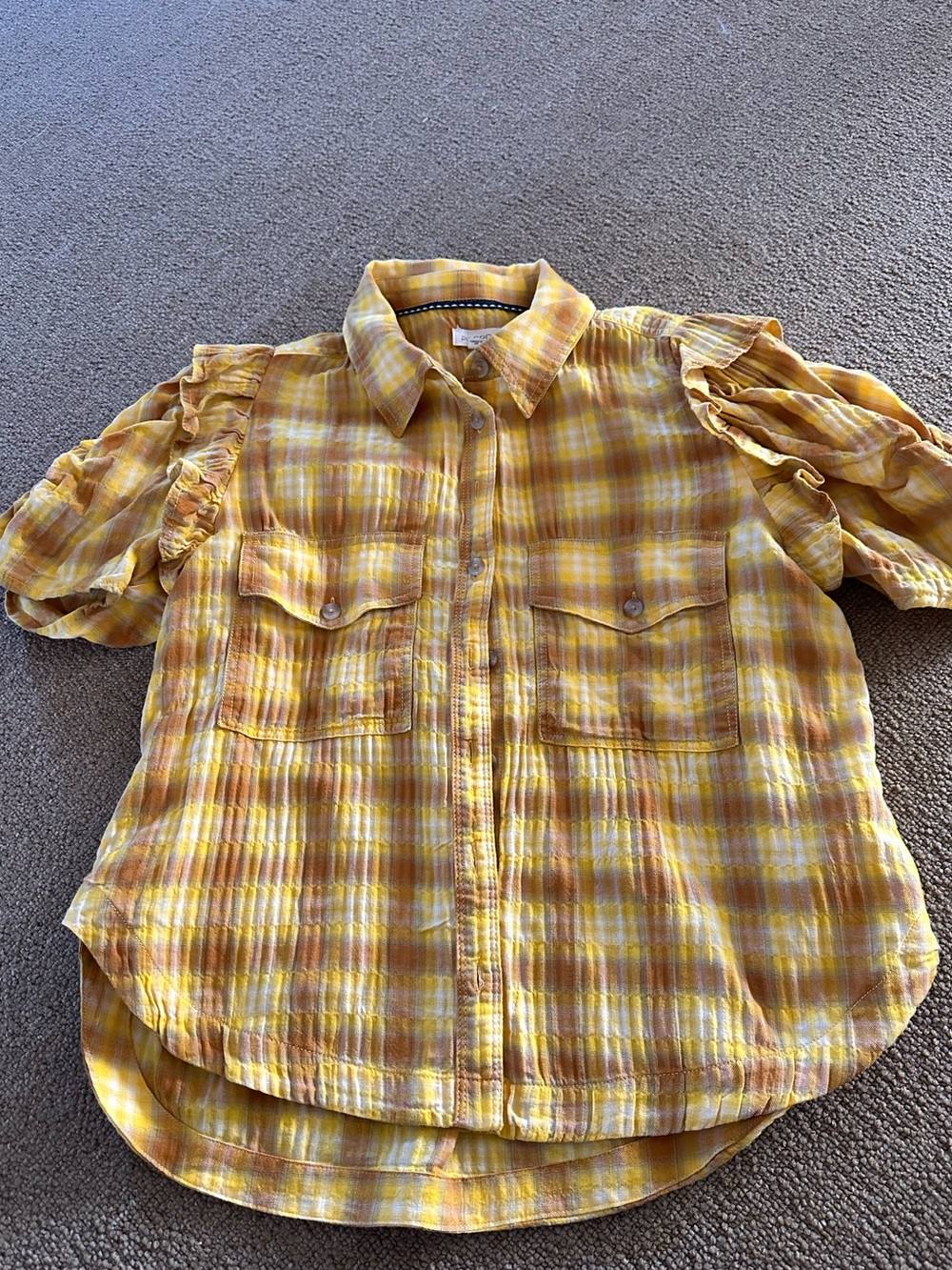 Pilcro/Anthropologie Yellow Plaid Ruffle-Sleeve Button-Up Shirt